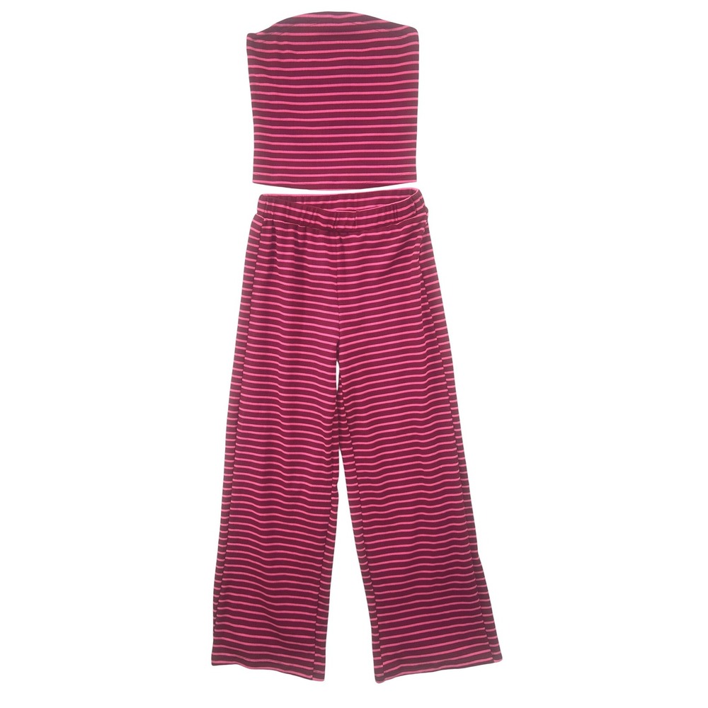 SHEIN Pink Stripe 2 Piece Set M‎ Strapless Tube Top Wide Leg Pants Lounge Y2K